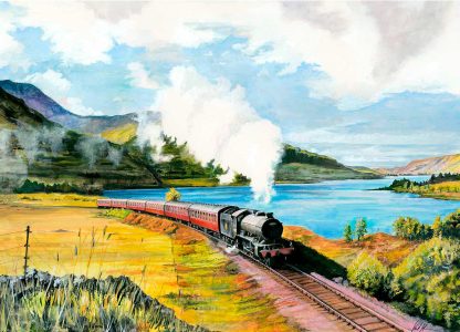 A vintage train traveling on tracks beside a lake with mountains in the background and vibrant sky. By Rod Harrison