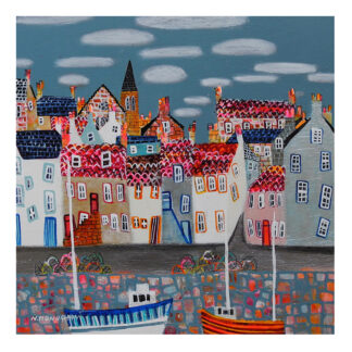 The image depicts a colorful, stylized painting of a quaint town with distinctive buildings and boats in the foreground. By Nikki Monaghan