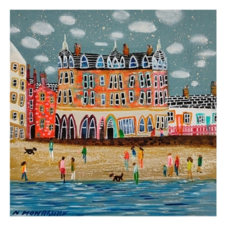 A colorful painting of a beach scene with people, dogs, and quaint buildings under a starry sky. By Nikki Monaghan