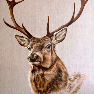 A detailed painting of a stag's head and antlers on a beige background. By Scott McGregor