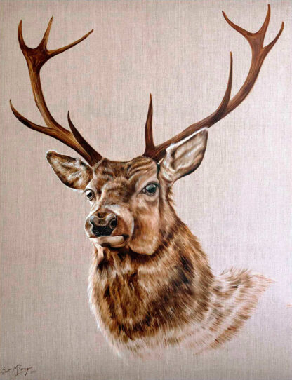 A detailed painting of a stag's head and antlers on a beige background. By Scott McGregor