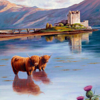 Two Highland cows stand in front of a calm lake with a castle and mountains in the background. By Scott McGregor