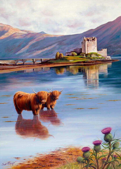 Two Highland cows stand in front of a calm lake with a castle and mountains in the background. By Scott McGregor