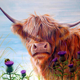 A painting of a shaggy Highland cow with horns standing among grass and purple flowers. By Scott McGregor
