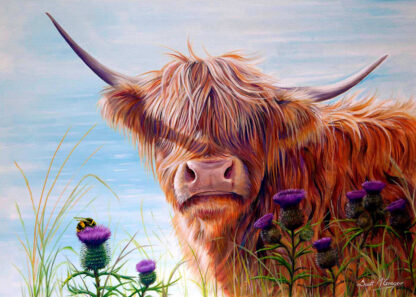 A painting of a shaggy Highland cow with horns standing among grass and purple flowers. By Scott McGregor