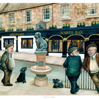 An illustrated image of three men conversing near Greyfriars Bobby's Bar with a statue of a dog and two live dogs present. By Scott McGregor