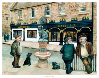 An illustrated image of three men conversing near Greyfriars Bobby's Bar with a statue of a dog and two live dogs present. By Scott McGregor