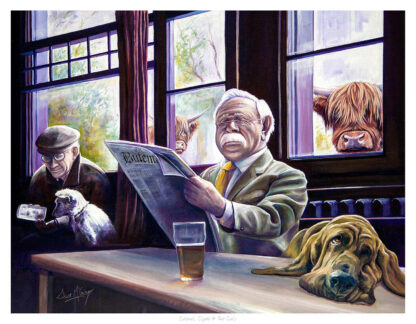 Illustration of people and dogs in a cozy pub, one reading a newspaper, another drinking coffee, and dogs resting on the counter. By Scott McGregor