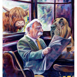 An illustrated scene featuring a man reading a newspaper with a dog by his side and a Highland cow looking through the window. By Scott McGregor
