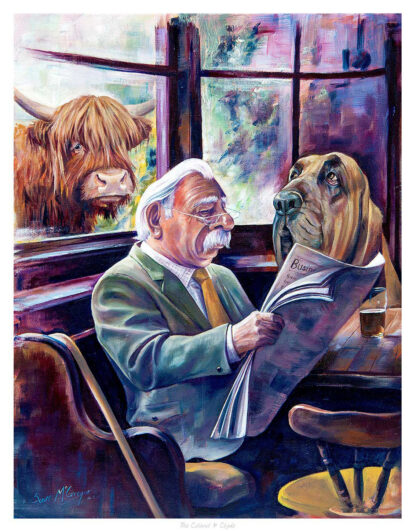 An illustrated scene featuring a man reading a newspaper with a dog by his side and a Highland cow looking through the window. By Scott McGregor