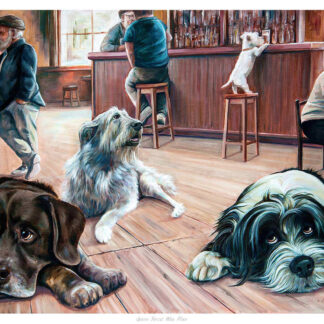 The image depicts an illustrated scene with dogs mimicking human bar activities, like drinking and playing pool, with a whimsical touch. By Scott McGregor