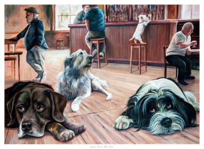 The image depicts an illustrated scene with dogs mimicking human bar activities, like drinking and playing pool, with a whimsical touch. By Scott McGregor