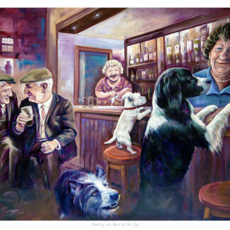 The image depicts a whimsical painting of a bar scene with dogs interacting with humans as if partaking in daily human social activities. By Scott McGregor