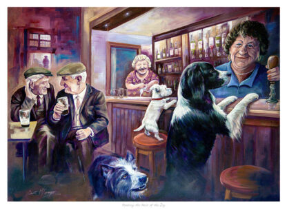 The image depicts a whimsical painting of a bar scene with dogs interacting with humans as if partaking in daily human social activities. By Scott McGregor