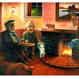 An illustration of three elderly men enjoying a chat by a fireplace with two dogs, one sitting and the other standing, in a cozy indoor setting. By Scott McGregor