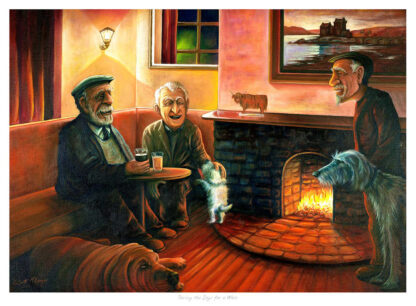 An illustration of three elderly men enjoying a chat by a fireplace with two dogs, one sitting and the other standing, in a cozy indoor setting. By Scott McGregor