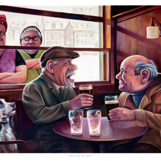 Two older men enjoy a drink and chat at a bar table with a dog beside them, while a waitress looks on disapprovingly. By Scott McGregor