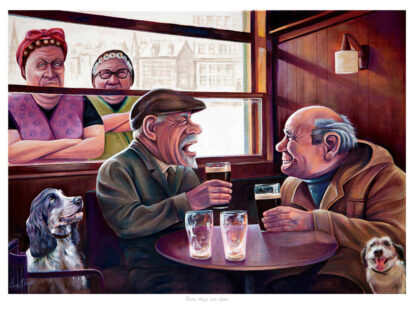 Two older men enjoy a drink and chat at a bar table with a dog beside them, while a waitress looks on disapprovingly. By Scott McGregor