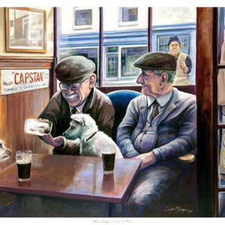 An illustration of two elderly men at a bar with a dog and cat, while a man and woman watch from the background. By Scott McGregor