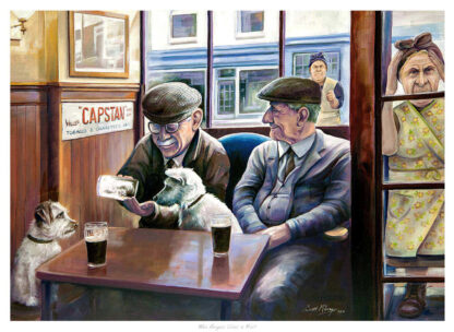 An illustration of two elderly men at a bar with a dog and cat, while a man and woman watch from the background. By Scott McGregor