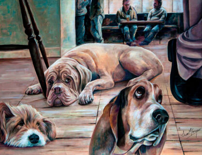 The image shows a painting of three dogs lying on the floor with two people in the background having a conversation. By Scott McGregor