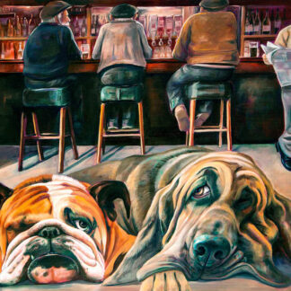 Two dogs lie in the foreground with a bar scene featuring three people in the background. By Scott McGregor