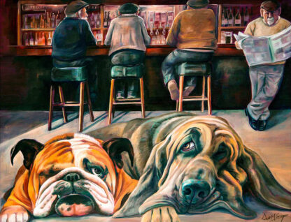 Two dogs lie in the foreground with a bar scene featuring three people in the background. By Scott McGregor