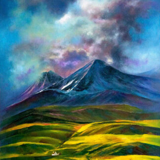 A vibrant painting of mountains with a smoke-filled sky and a patchwork of green fields in the foreground. By Scott McGregor