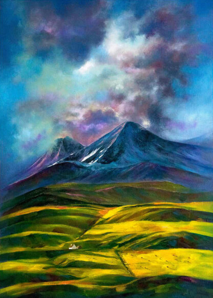 A vibrant painting of mountains with a smoke-filled sky and a patchwork of green fields in the foreground. By Scott McGregor