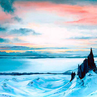 A serene snowy landscape painting with a castle and rock formations overlooking a calm sea under a pastel-hued sky. By Scott McGregor