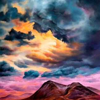 A vivid painting of a dramatic sky with orange clouds over dark, rolling hills or mountains. By Scott McGregor