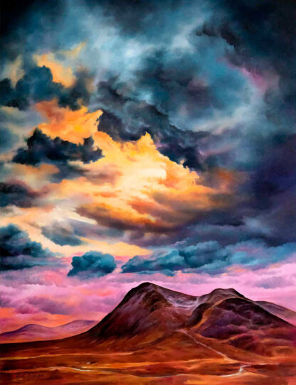 A vivid painting of a dramatic sky with orange clouds over dark, rolling hills or mountains. By Scott McGregor