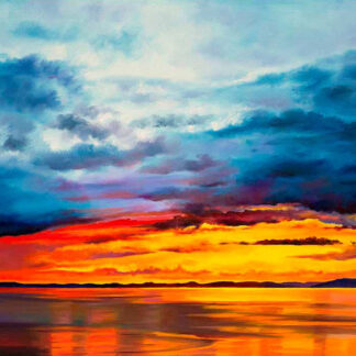 A vibrant painting of a sunset with vivid blues and reds reflecting over a calm body of water. By Scott McGregor