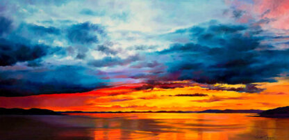 A vibrant painting of a sunset with vivid blues and reds reflecting over a calm body of water. By Scott McGregor