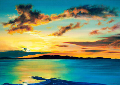 A vibrant painting depicting a sunset over a calm sea with clouds scattered across the colorful sky. By Scott McGregor