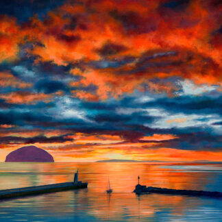A vivid painting of a sunset over the ocean with dramatic clouds, a distant island, and two jetties or piers extending into the water. By Scott McGregor