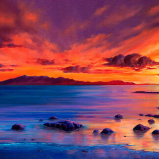 A vivid painting of a sunset with striking clouds over a calm sea and silhouetted land on the horizon. By Scott McGregor