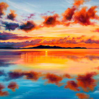 The image is a colorful painting of a sunset over a calm body of water with vivid reflections and clouds in the sky. By Scott McGregor