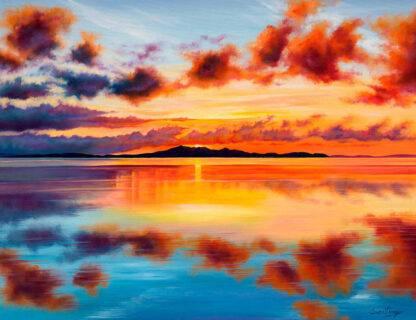 The image is a colorful painting of a sunset over a calm body of water with vivid reflections and clouds in the sky. By Scott McGregor