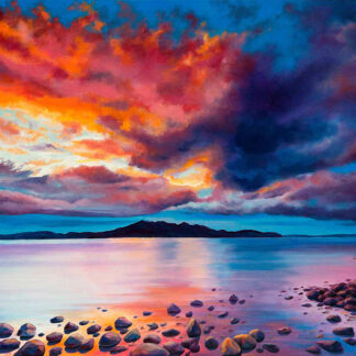 A vibrant painting of a dramatic sunset with fiery clouds reflected over a calm sea, with a silhouette of a mountain and rocks in the foreground. By Scott McGregor