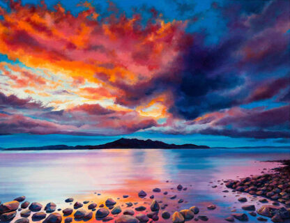A vibrant painting of a dramatic sunset with fiery clouds reflected over a calm sea, with a silhouette of a mountain and rocks in the foreground. By Scott McGregor