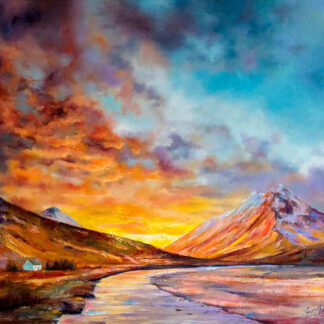 A vibrant painting depicting a dramatic sunset over a mountainous landscape with a river in the foreground. By Scott McGregor