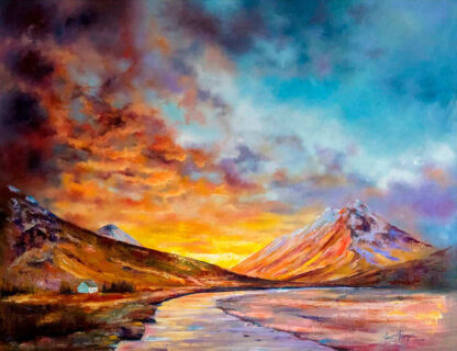 A vibrant painting depicting a dramatic sunset over a mountainous landscape with a river in the foreground. By Scott McGregor