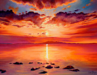 A vibrant painting of a sunset over a calm sea with rocks in the foreground and dramatic clouds reflected in the water. By Scott McGregor