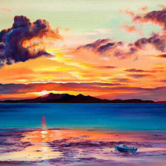 A vibrant painting depicting a sunset over calm waters with a lone boat and reflective shoreline under a sky with scattered clouds. By Scott McGregor