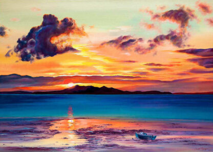 A vibrant painting depicting a sunset over calm waters with a lone boat and reflective shoreline under a sky with scattered clouds. By Scott McGregor