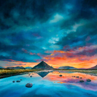 A vibrant painting of a mountain reflected in water under a dramatic, cloud-filled sky at sunset. By Scott McGregor