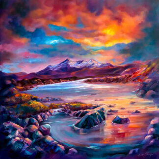 A vibrant painting depicting a mountainous landscape with a river at sunset, highlighted by vivid colors and dynamic brushstrokes. By Scott McGregor