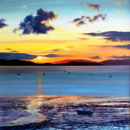 A sunset over a calm sea with hills in the background and boats, including one beached in the foreground. By Scott McGregor