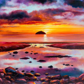 A vibrant painting of a sunset over the ocean with a rocky shoreline and a solitary island on the horizon. By Scott McGregor